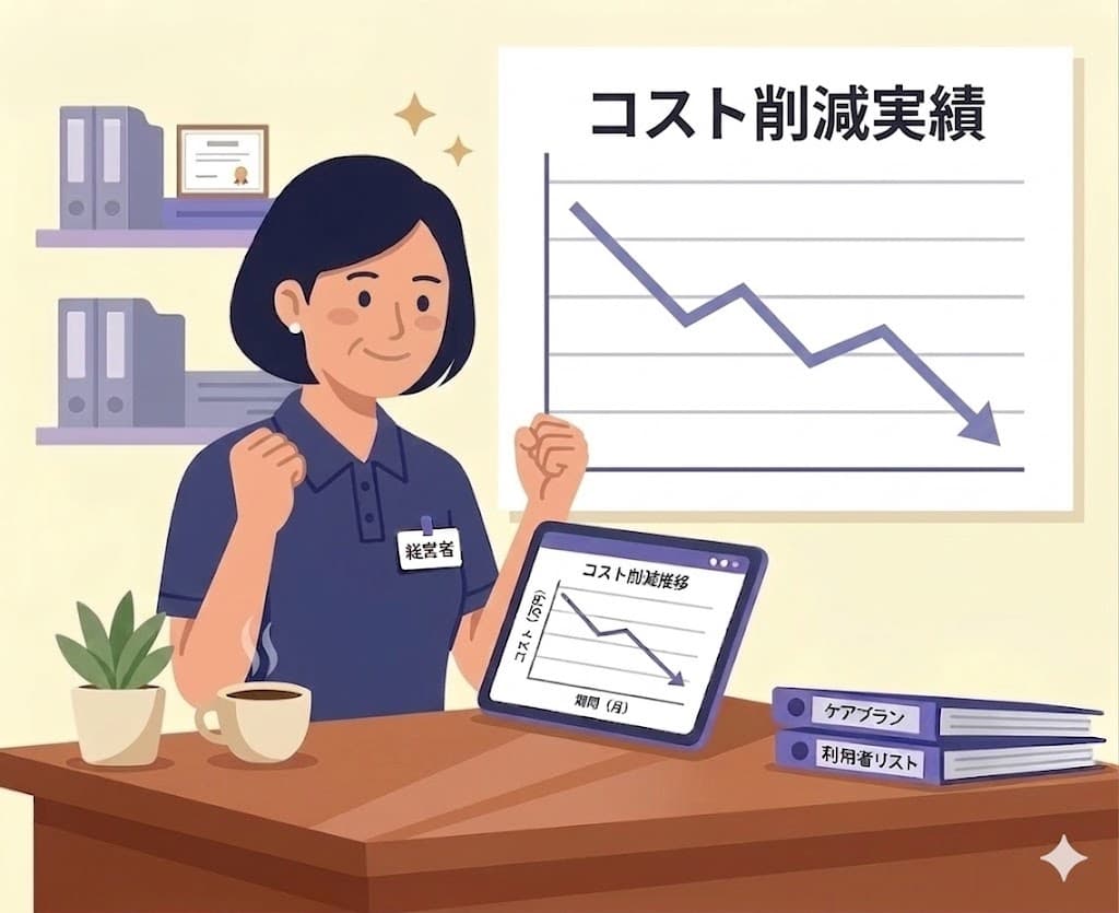 コスト削減グラフを前にガッツポーズする経営者