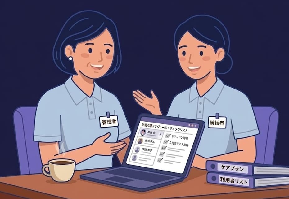 タブレットを見ながら打ち合わせをする経営者とスタッフ