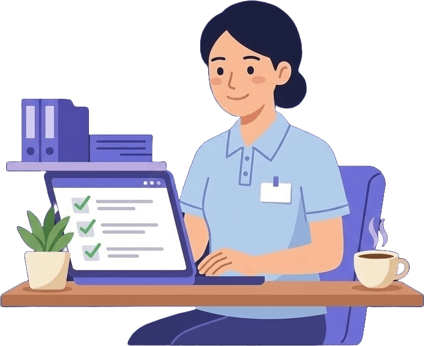 笑顔でPCに向かうサービス提供責任者