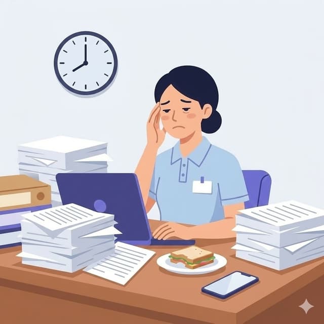 書類に追われる疲れたサービス提供責任者